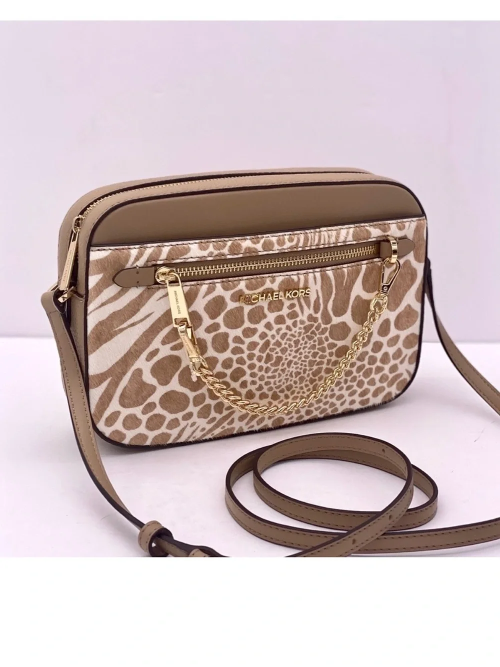 Michael Kors Large EW Zip Chain Crossbody Bag Camel color with real calf
